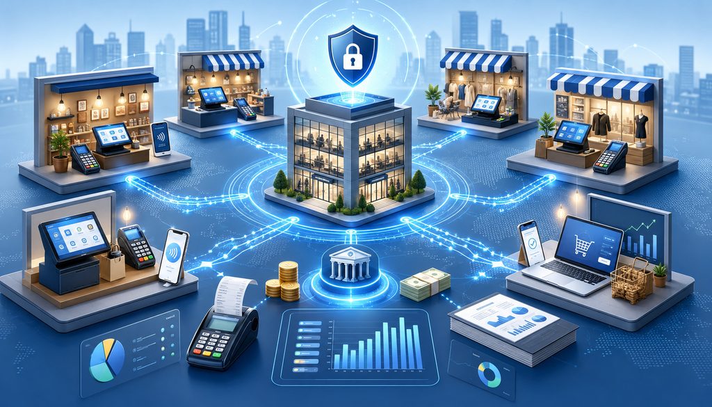 Franchise payment processing network connecting multiple locations to centralized reporting and secure payment systems