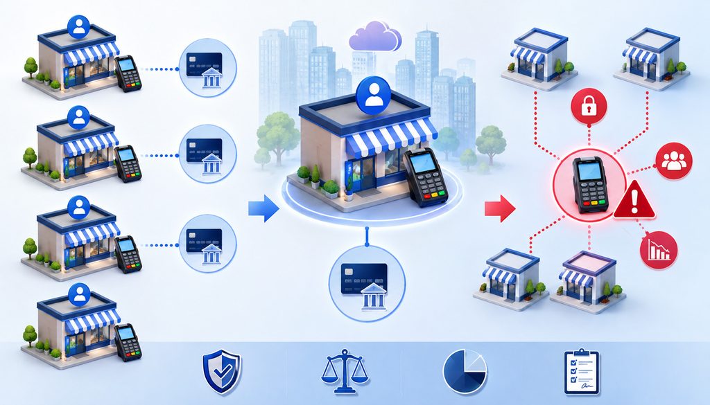 Franchisee-owned MIDs and shared merchant account risk illustration