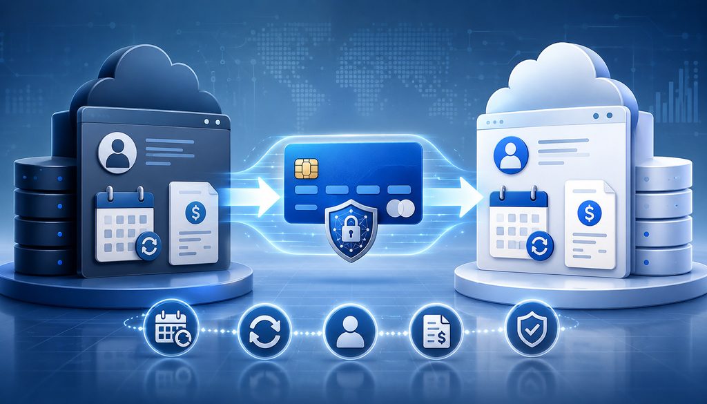 Recurring billing migration with secure card transfer, subscription data, and payment system synchronization